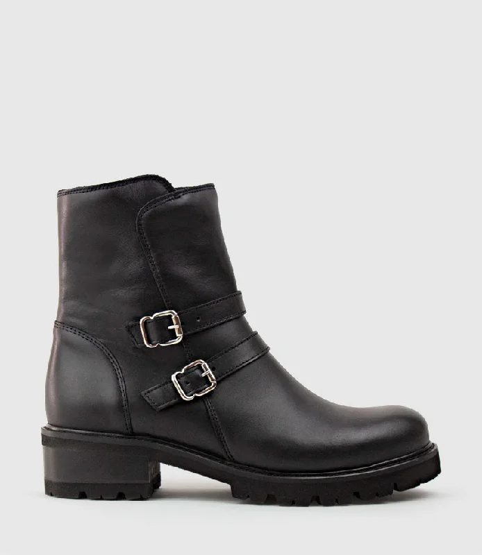 women's ankle boots for wide calvesCARLY Double Buckle Biker Boot in Black