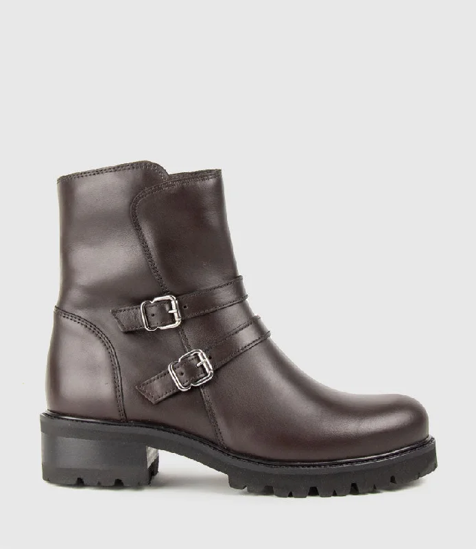 women's ankle boots for petite womenCARLY Double Buckle Biker Boot in Espresso