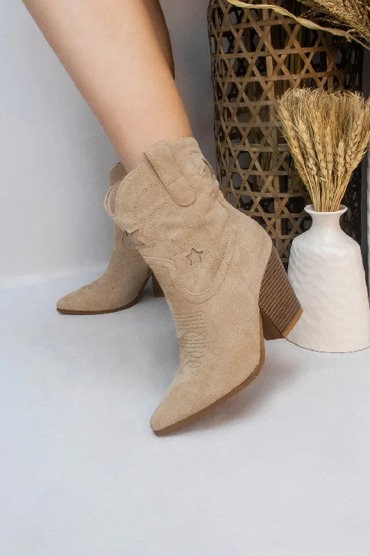 women's flat ankle bootsKhaki Star Embroidered Faux Suede Ankle Cowboy Boots