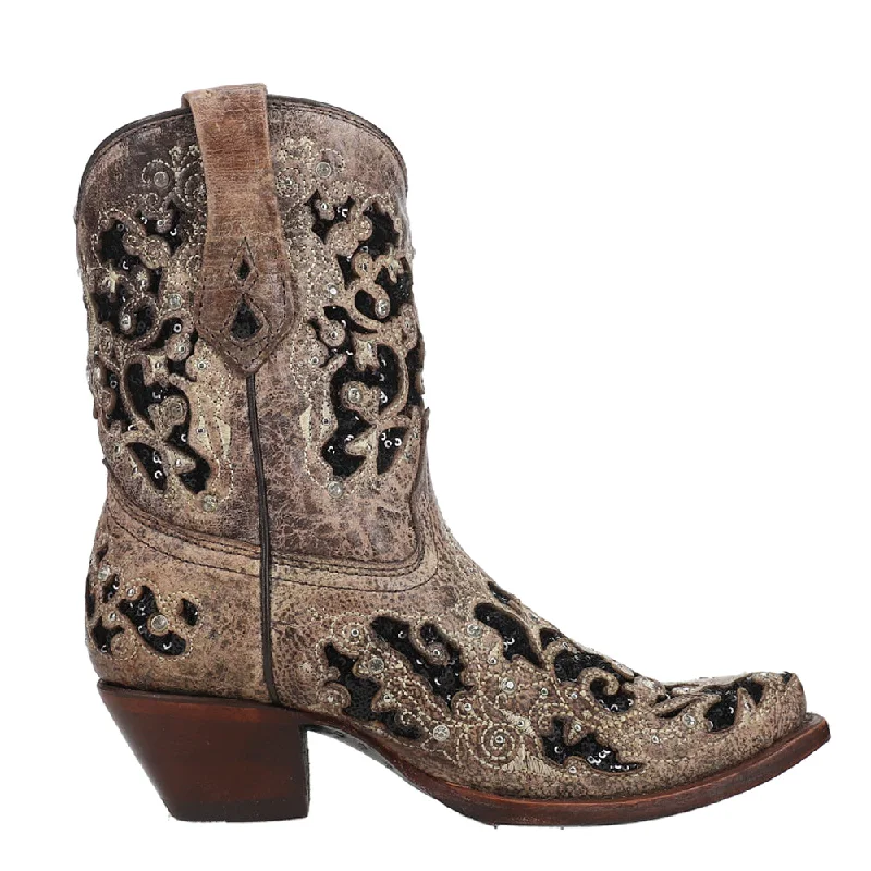 women's lace-up ankle bootsGlitter Tooled-Inlay & Crystals Sequins Snip Toe Cowboy Booties