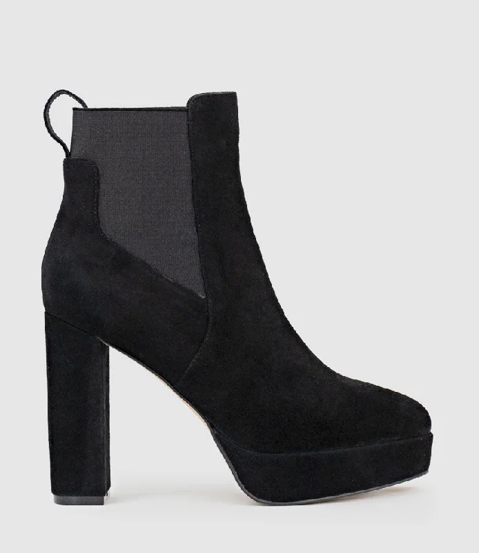 women's ankle boots with unique patternsURSA110 Block Heel Platform Boot in Black Suede