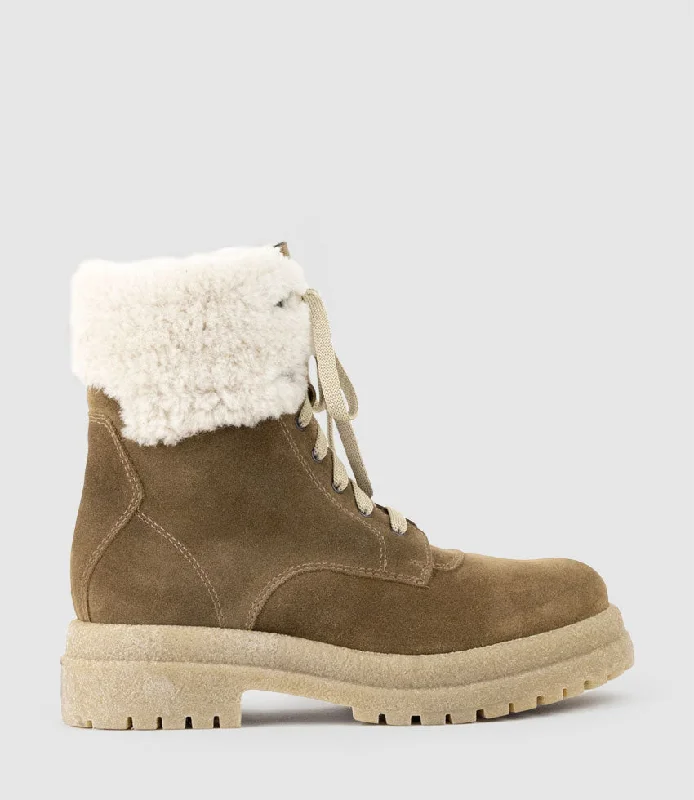 women's ankle boots with strapsVICTOR Shearling Collar Lace Up Boot in Walnut Suede