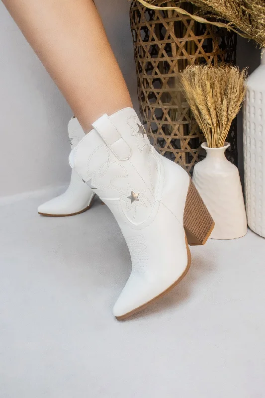 women's ankle boots for fallWhite Star Embroidered PU Leather Ankle Cowboy Boots