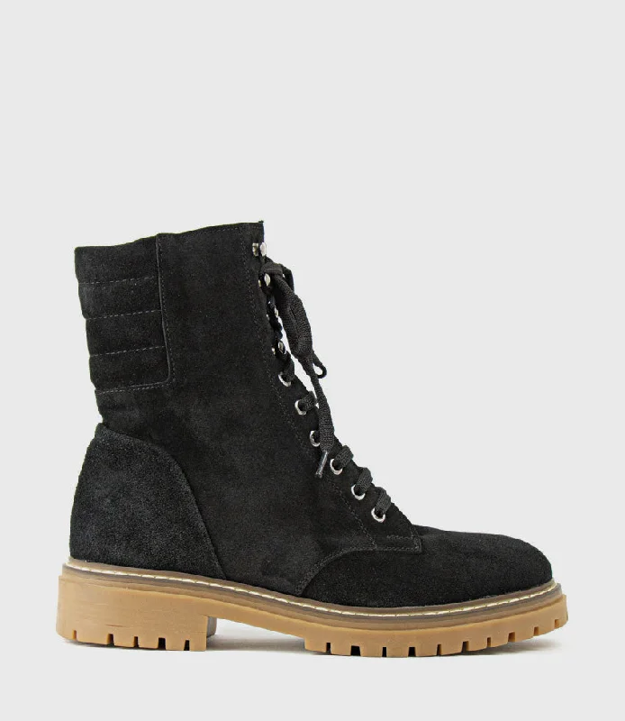 women's ankle boots for rainy weatherWODEN Lace Up Combat Boot in Black Suede