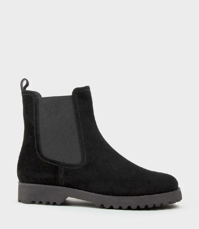 women's ankle boots with tasselWYATT Chukka Boot on Rubber Sole in Black Suede