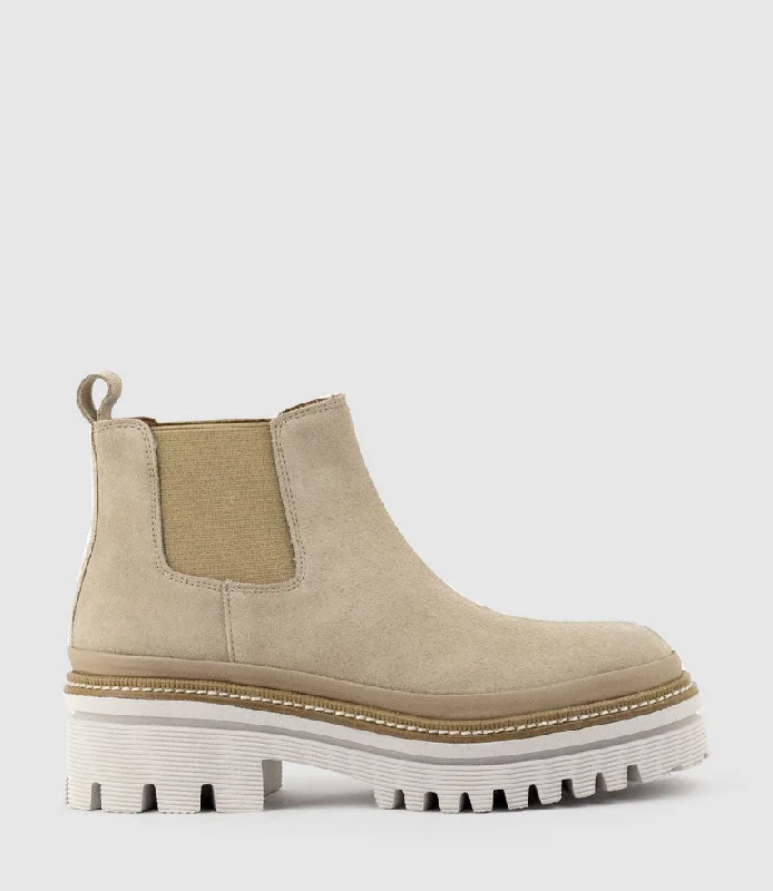 women's ankle boots with adjustable strapsYAEL Lug Sole Boot in Sand Suede